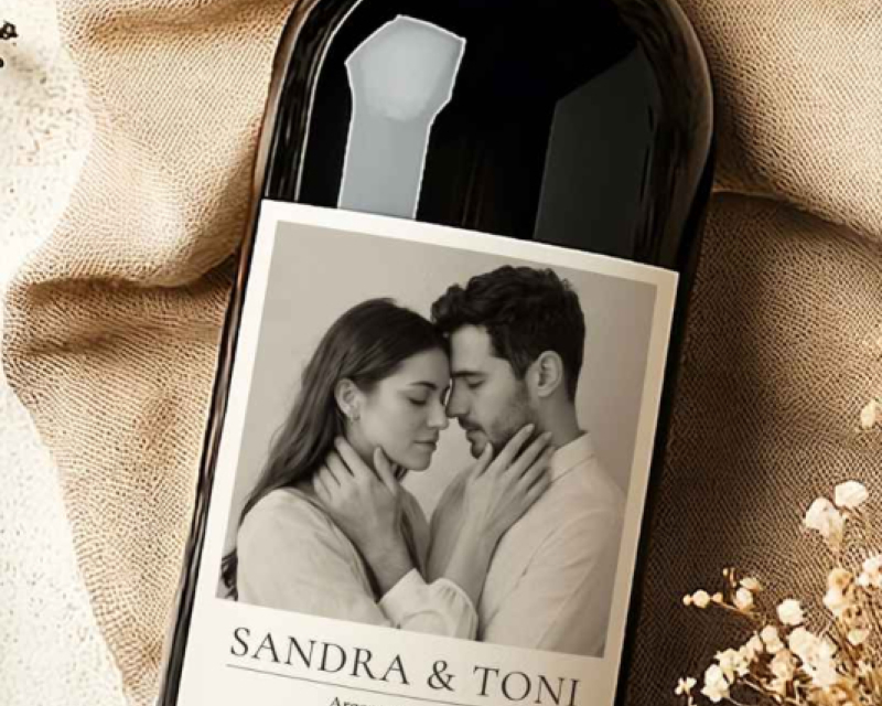 Botella de vino tinto con etiqueta personalizada para una boda